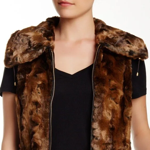 Ellen Tracy NEW VEST Crushed Faux Fur Women's L Drawstring Waist BROWN BLACK NWT - Picture 2 of 16